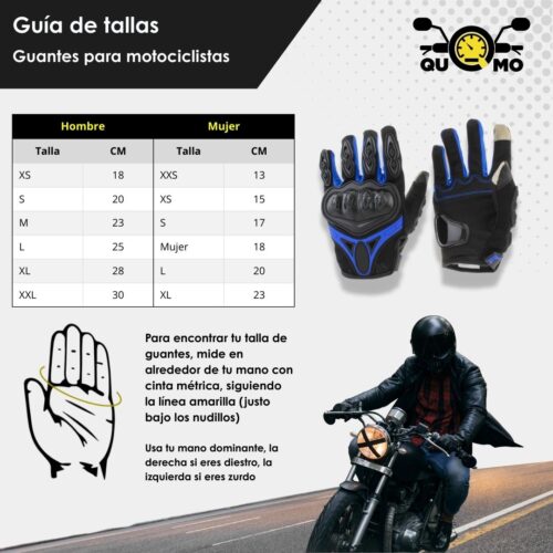 Guia de tallas para Guantes touch para moto M navegador azul